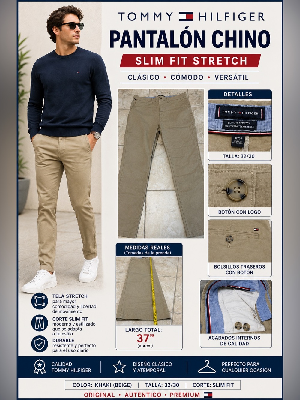 Tommy Hilfiger Men’s Khaki Slim Fit Stretch Chinos